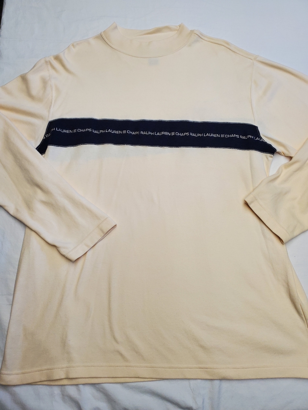 Vintage Chaps Ralph Lauren Cream Mock Neck Long Sleeve Shirt XXL Logo Stripe